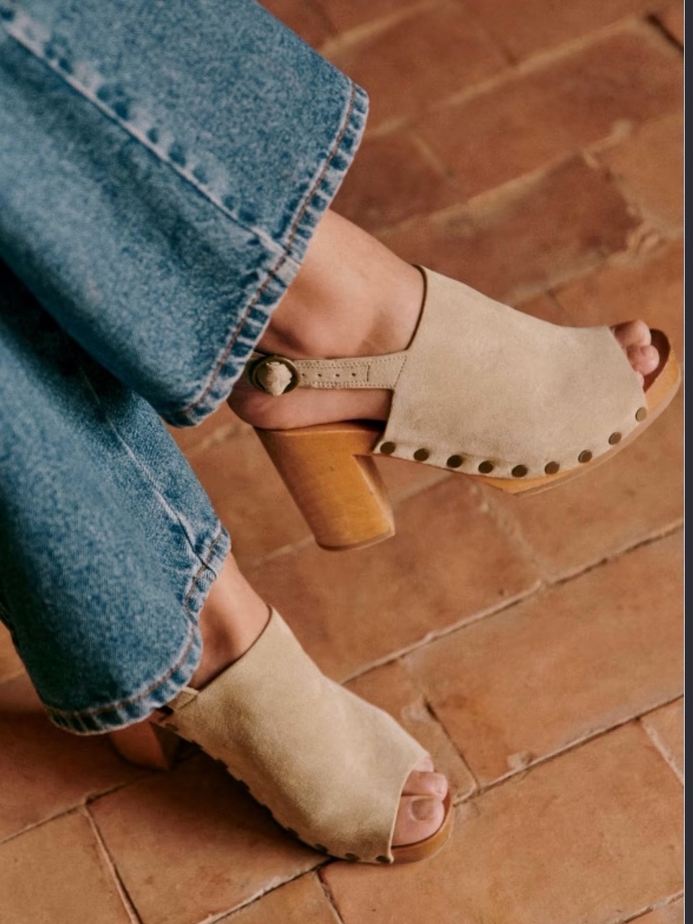 Sezane Sculpted Neutral Suede Clog Sandals - Size 38